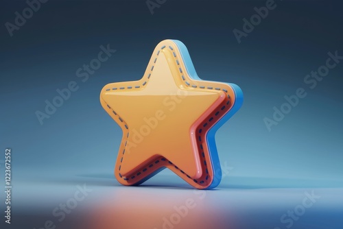 A 3D rendering of a yellow star with blue outline, stitched edges, on a blue background.