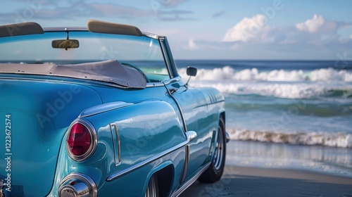 Vintage Convertible by the Beach: Classic Blue Car for Coastal Journeys and Retro Design Inspiration photo