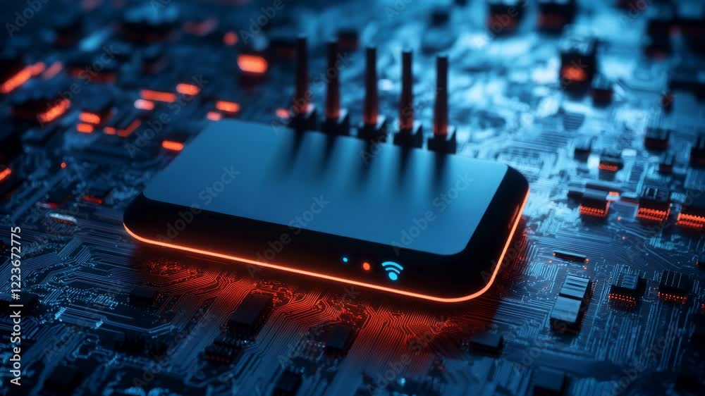Futuristic wifi router with illuminated signals against a high tech digital circuitry backdrop