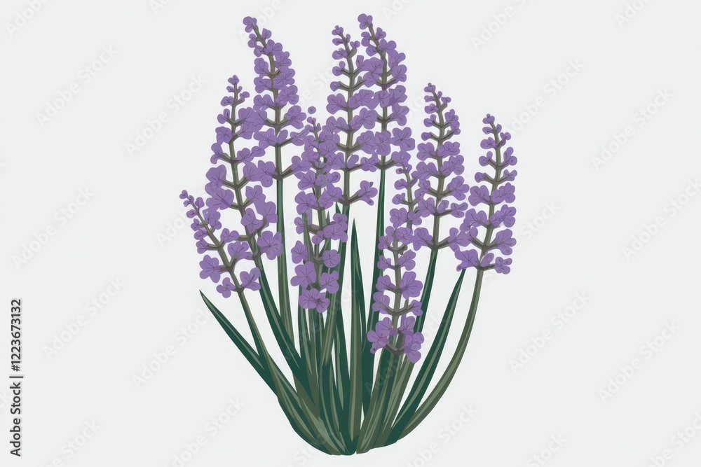 Obraz premium A vibrant illustration of a lavender plant with purple flowers and green leaves.