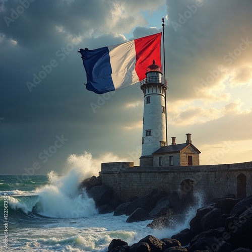 French Flag Waving at Lighthouse, Stormy Sea and Dramatic Sky photo