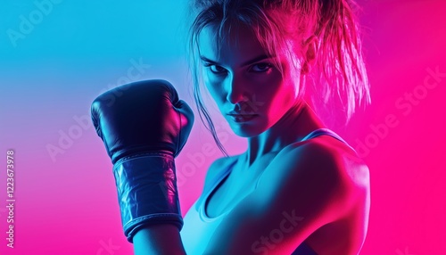 Female Mma Fighter Training In Neon Light On Gradient Blue-Pink Background. Sport, Competition, Action, Healthy Living. Copy Space Available For Advertisements photo