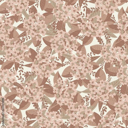 Hydrangeas in Mocha Mousse Coffee Colors Scattered on an Ivory Vanilla background creating a seamless pattern print background
