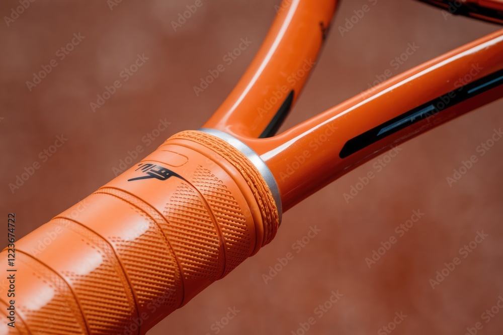 Closeup of an orange tennis racket grip with a silver ring. Closeup of an orange tennis racket grip with a silver ring.