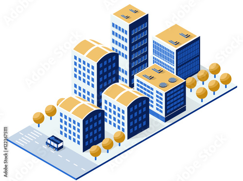 Isometric city center with modern office buildings and road