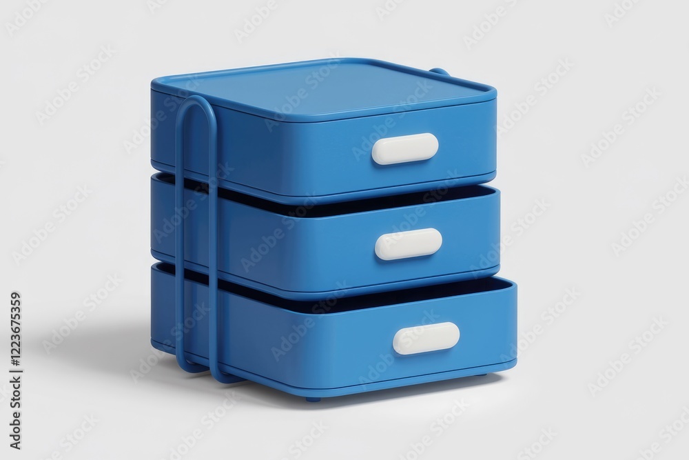 A stack of three blue drawers with white handles on a light grey background. A stack of three blue drawers with white handles on a light grey background.