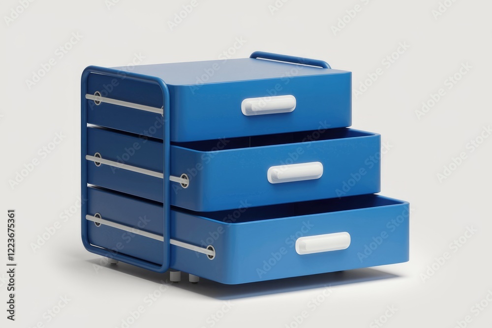 A blue metal drawer unit with three drawers, open and empty. A blue metal drawer unit with three drawers, open and empty.