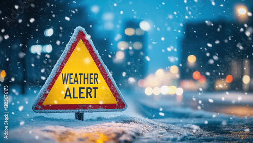 Bad weather alert in winter. Yellow warning sign pointing to heavy snow storm or blizzard. Bad weather conditions in the city with slippery icy road 
