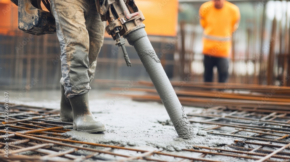 A close-up of a construction worker operating a concrete mixer, with wet concrete and tools around, Concrete mixing scene