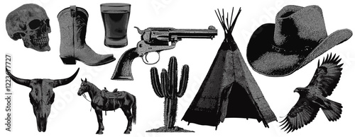 Set of wild west cowboy western vintage halftone grunge vector design elements