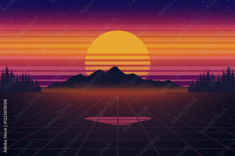 A retrofuturistic landscape with a large sun, mountains, and a grid pattern. A retrofuturistic landscape with a large sun, mountains, and a grid pattern.
