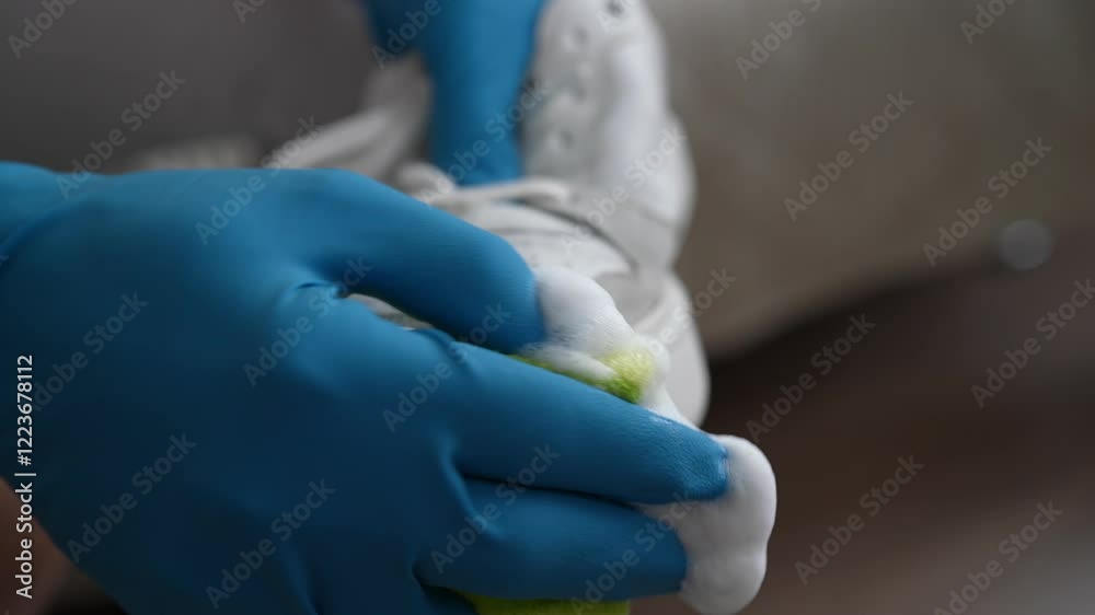 Close-up cropped shot of unrecognizable person wearing blue gloves carefully cleaning white shoe using brush and white foam. Concept of shoe care and maintenance practices. Shooting in slow motion. Close-up cropped shot of unrecognizable person wearing blue gloves carefully cleaning white shoe using brush and white foam. Concept of shoe care and maintenance practices. Shooting in slow motion.