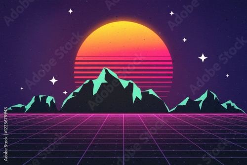 Retro 80s inspired digital art with mountains, a sunset, and a grid. photo