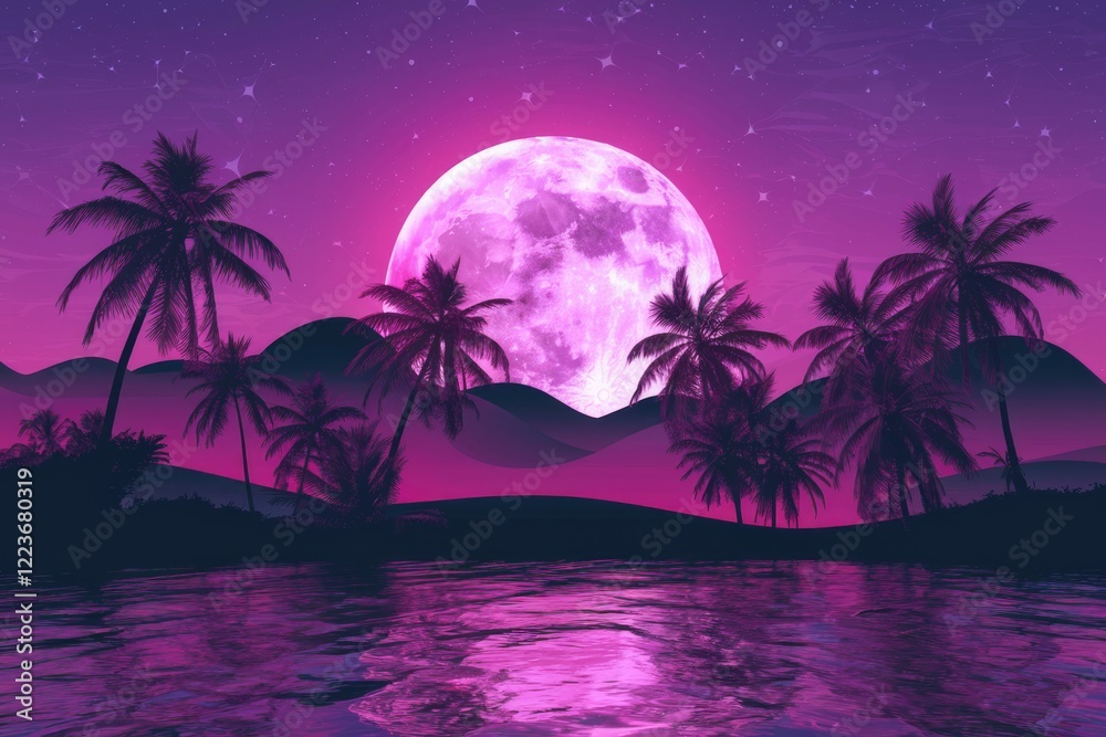 Naklejka premium A vibrant pink full moon shines over a tranquil tropical landscape.