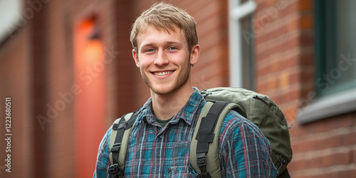 A smiling young man in an urban setting, carrying a backpack, enjoying the lively atmosphere around him.