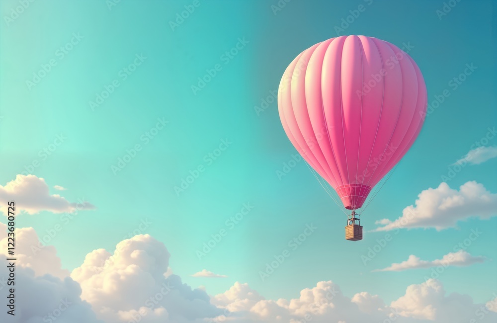 Naklejka premium Pink hot air balloon floats gently in a light turquoise sky. Fluffy white clouds drift peacefully alongside. A dreamy and cheerful scene. Perfect for travel posters, or romantic prints.