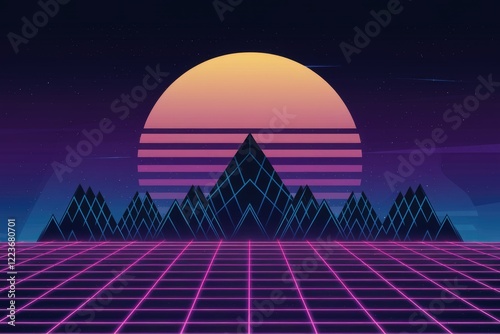 A retrofuturistic landscape with a glowing sun, mountains, and a grid pattern.