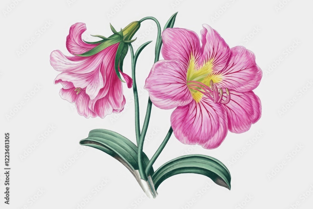 Obraz premium A detailed illustration of two pink amaryllis flowers with green leaves on a white background.