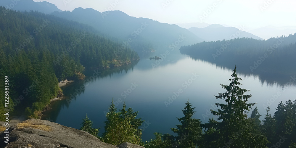 Fototapeta premium Mountain Lake Surrounded by Evergreen Trees and Majestic Peaks