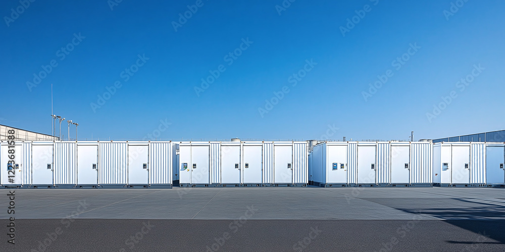 A modern industrial battery storage facility featuring large white containers outside a warehouse, set against a clear blue sky. A modern industrial battery storage facility featuring large white containers outside a warehouse, set against a clear blue sky.
