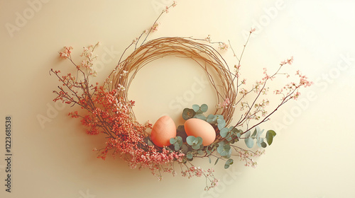 Minimalist Easter wreath with twigs and brown eggs in serene composition with copy space photo