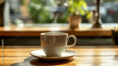 Wallpaper Mural Steaming cup of coffee on wooden table, cozy indoor setting with blurred background. Torontodigital.ca