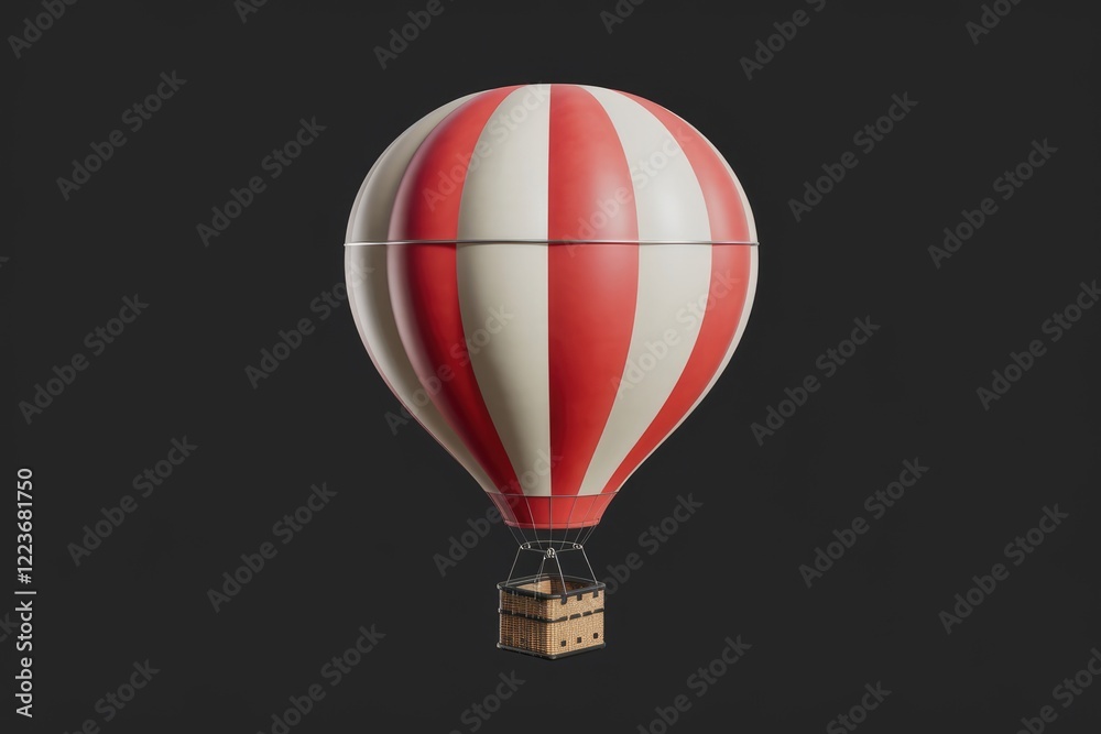 Fototapeta premium A red and white striped hot air balloon with a wicker basket.