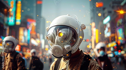 Air pollution PM2.5:Futuristic Scene With Gas Masked Figures In Vibrant City Lights photo