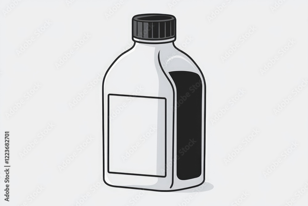 A simple illustration of a white plastic bottle with a black cap and label. A simple illustration of a white plastic bottle with a black cap and label.