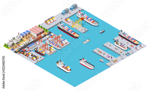 Cargo ships docking and loading at a busy port with cranes and trucks
