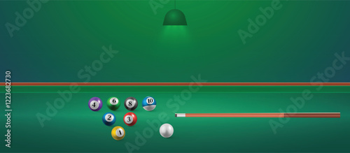 Billiard balls on the table with a cue and ball. American billiards,  snooker table green light, Vector illustration