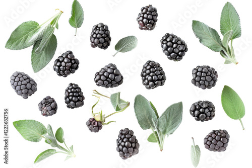 Wallpaper Mural A vibrant arrangement of fresh blackberries and aromatic sage leaves on a bright white background, showcasing nature’s bounty beautifully isolated on transparent background Torontodigital.ca