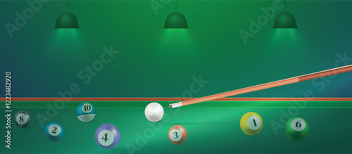 Billiard balls on the table with a cue. American billiards,  snooker table green light, Vector illustration