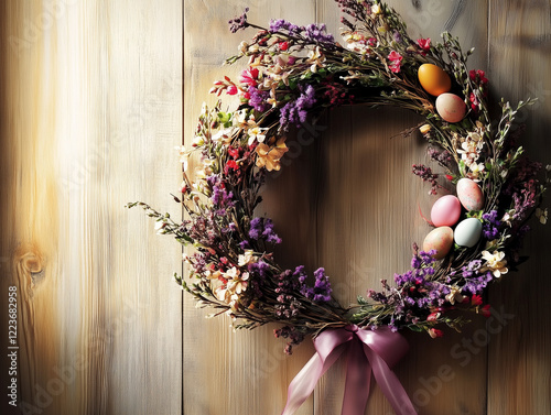 Rustic Easter wreath with dried flowers and pastel eggs on wooden background photo