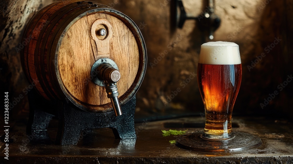 A fresh pour of beer from a traditional wooden keg with foamy head. A fresh pour of beer from a traditional wooden keg with foamy head.