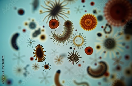 Microscopic view of soil microorganisms in regenerative farm compost. Diverse micro-organisms like nematodes, microarthropods, tardigrades, rotifers visible. Fungal, bacterial life also present.