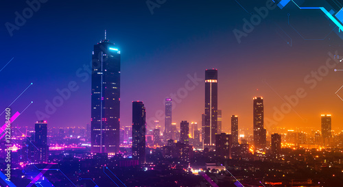 Wallpaper Mural Neon Cityscape at Night: Futuristic Skyline with Digital Overlay Torontodigital.ca