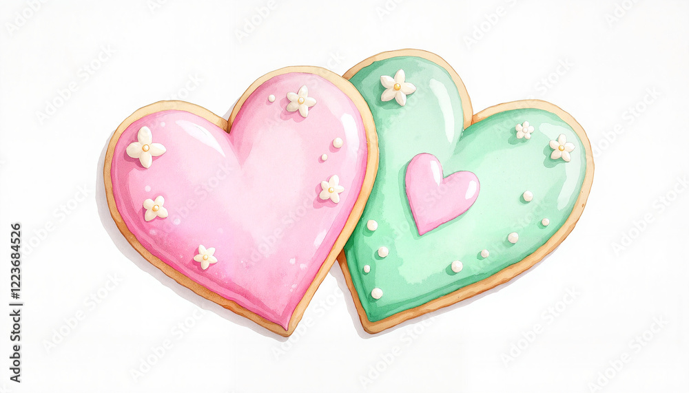 Heart-shaped sugar cookies with pastel icing on white background, culinary art Heart-shaped sugar cookies with pastel icing on white background, culinary art