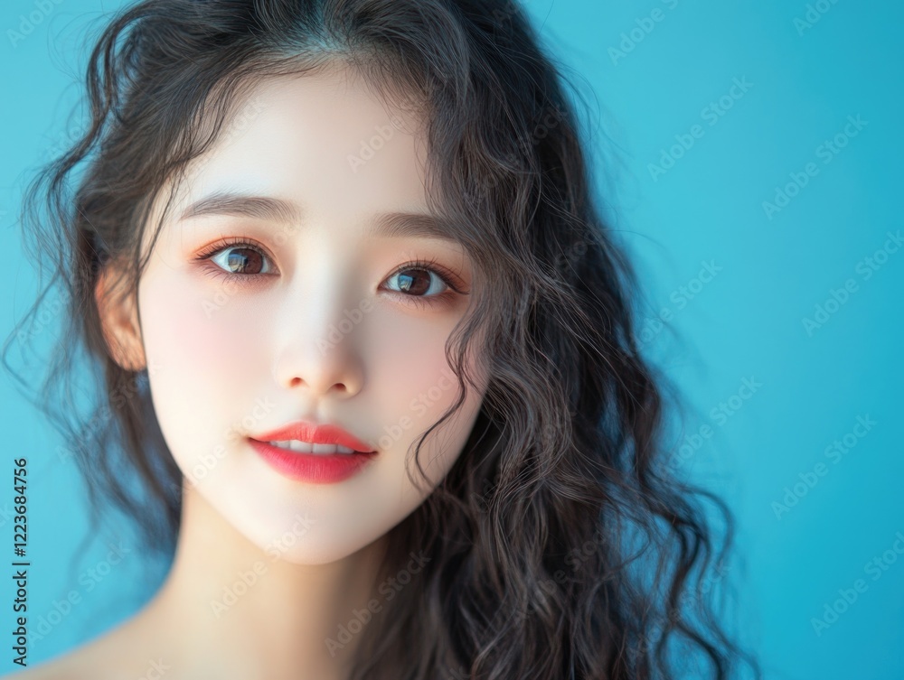 A woman with long hair and red lipstick is smiling at the camera. Concept of confidence and happiness A woman with long hair and red lipstick is smiling at the camera. Concept of confidence and happiness