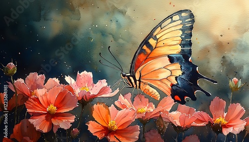 Watercolor a vibrant butterfly alighting on a blooming flower, wings delicately poised for flight