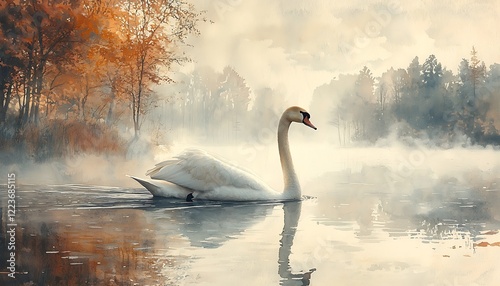 Watercolor a swan gliding over a misty lake in the early morning light