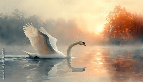 Watercolor a swan gliding over a misty lake in the early morning light