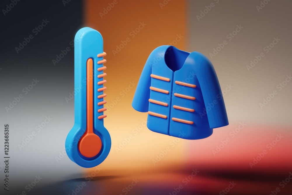 A 3D illustration of a thermometer and a blue jacket, suggesting the need for warm clothing. A 3D illustration of a thermometer and a blue jacket, suggesting the need for warm clothing.