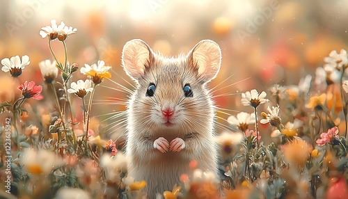 Watercolor a small mouse peeking out from a field wildflowers, whiskers twitching