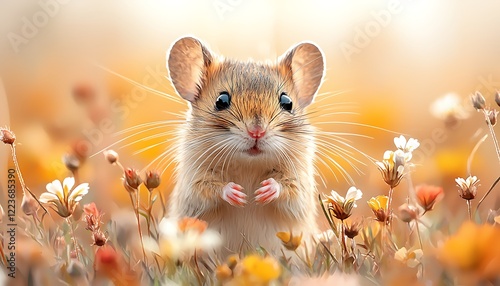 Watercolor a small mouse peeking out from a field wildflowers, whiskers twitching
