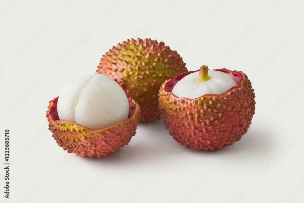 Three lychees, one peeled open, revealing the white flesh. Three lychees, one peeled open, revealing the white flesh.