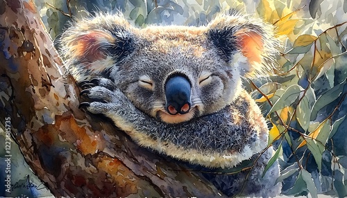 Watercolor a sleepy koala clutching a eucalyptus tree, nestled comfortably among the branches