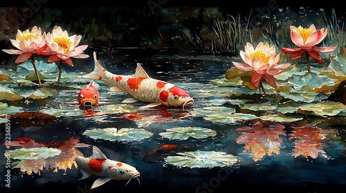 Watercolor a serene pond with koi fish swimming beneath lily pads, reflections dancing on the surface