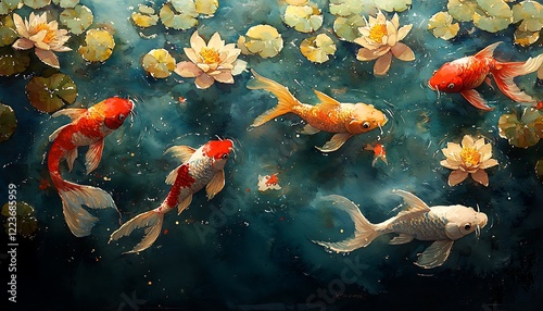Watercolor a serene goldfish pond, with lily pads and blossoming flowers around