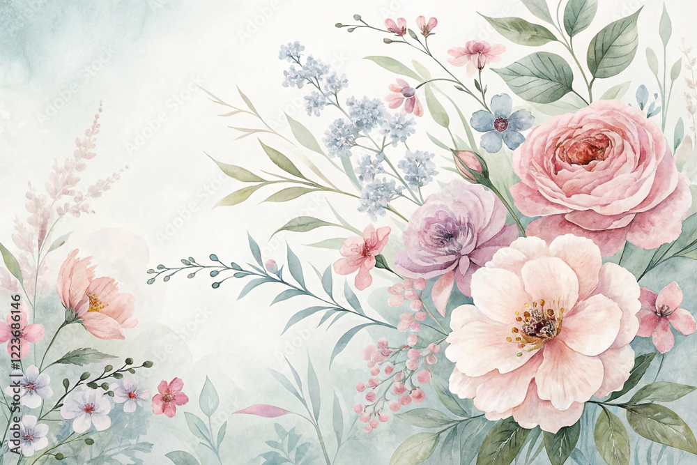 Obraz premium Watercolor painting of pastel pink roses, peonies, and other flowers with green leaves on a light blue background.